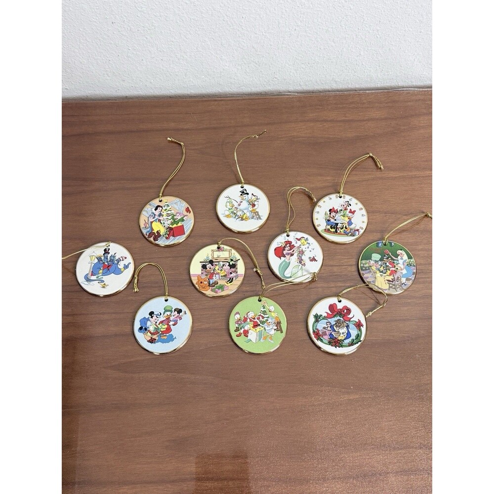 10 Vintage Disney Grolier Disc Ceramic Christmas Ornaments 1990s Japan